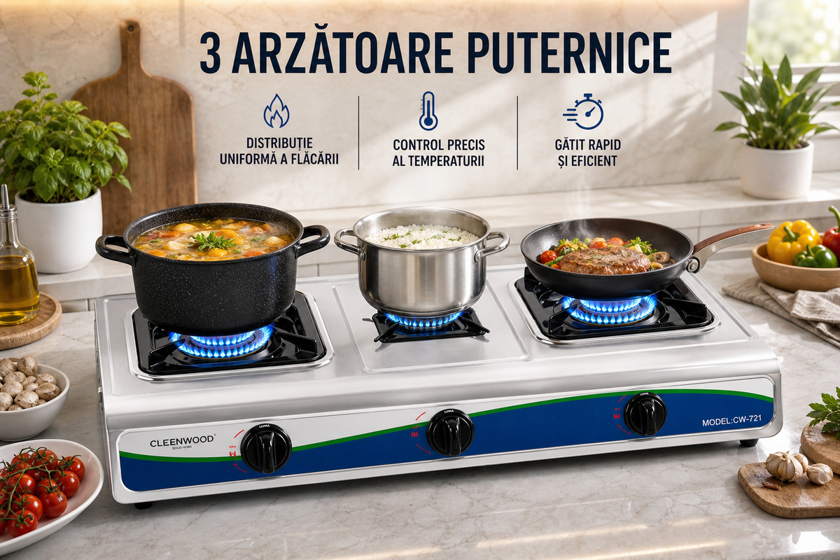Plita/Aragaz pe Gaz cu 3 Arzatoare, Carcasa Metalica, 72 x 39 x 10 cm