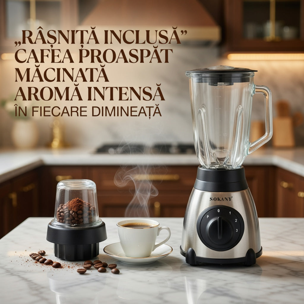 Blender 2 în 1, 450W, Bol din Sticlă 1,5L, 3 Viteze și Funcție Pulse, Râșniță Inclusă – Inox/Negru