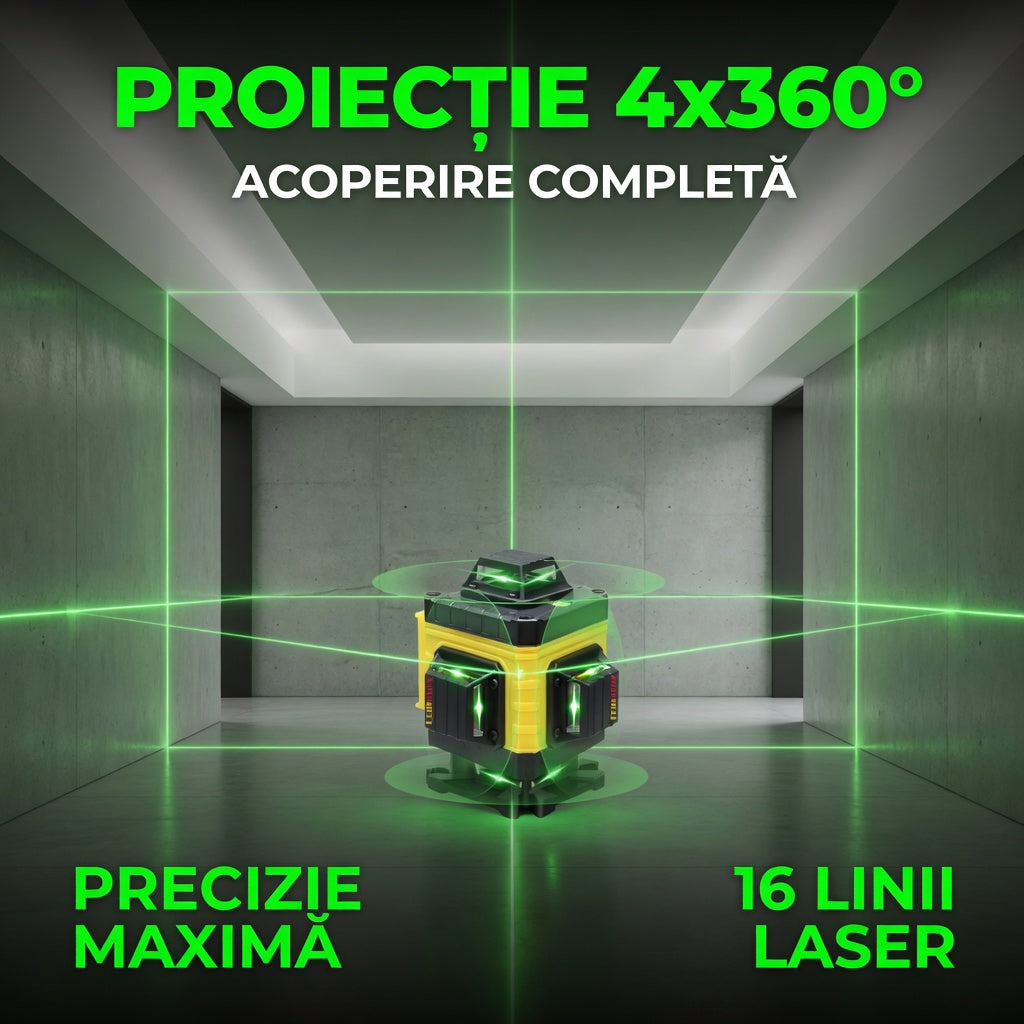 Nivela Laser 4D cu 16 linii verzi, autonivelare, telecomanda si trepied 150 cm