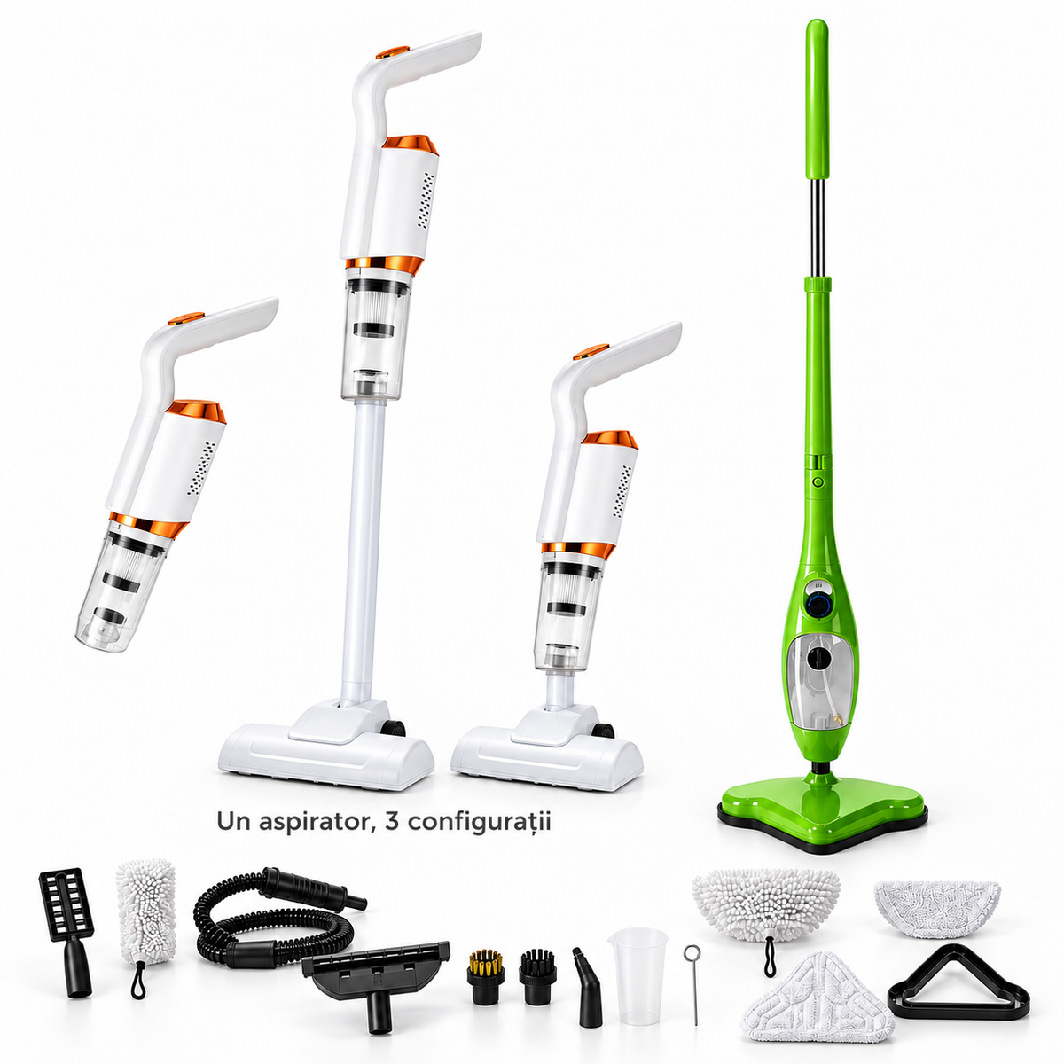 Pachet Curățenie în doi pași – Aspirator 3 în 1 + mop cu aburi Steam X5, 1300W, rezervor 400 ml