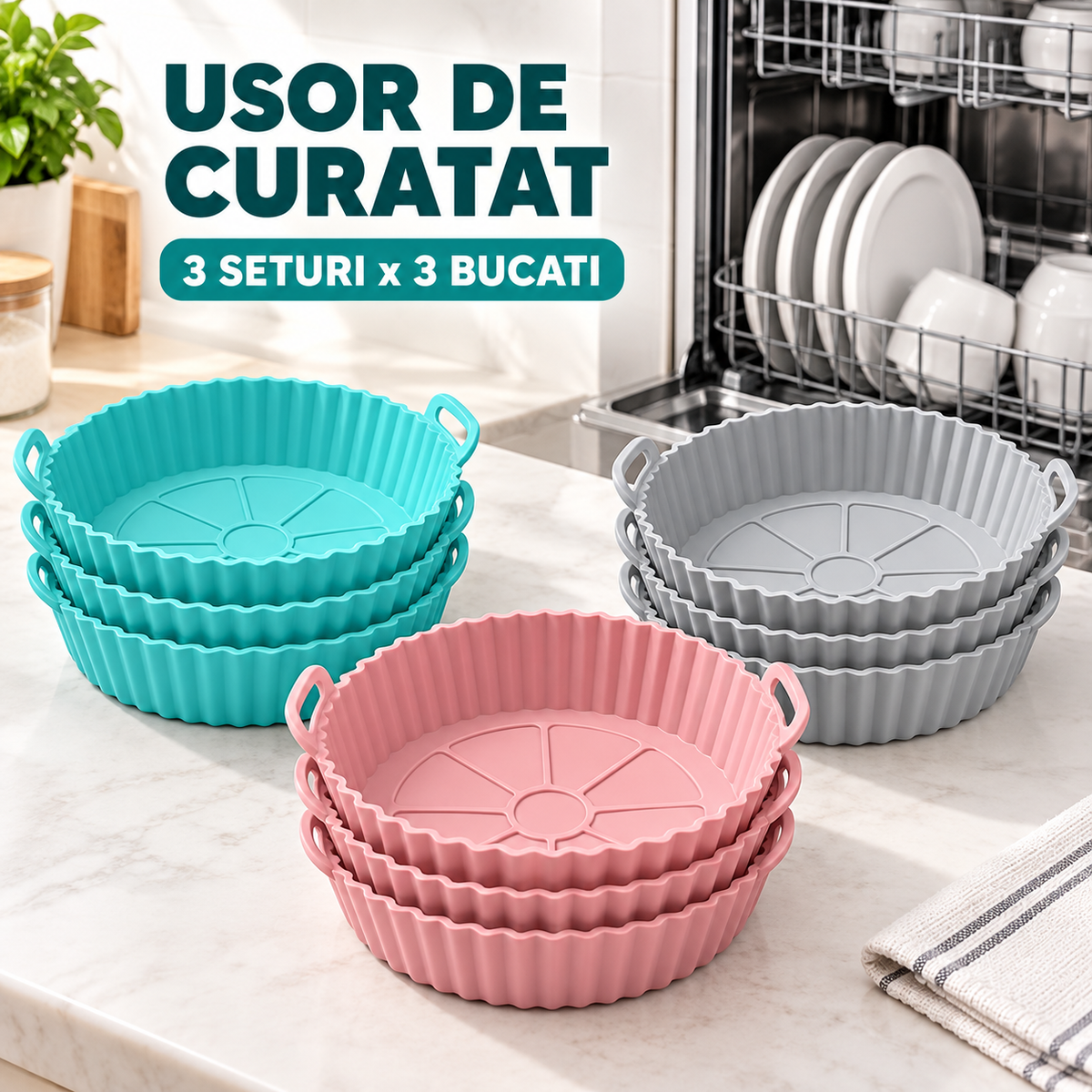 Pachet 3 Seturi × 3 Forme din Silicon pentru Friteuza cu Aer, 9 Bucăți, Reutilizabile, 17 × 17 × 5 cm, pentru Air Fryer 3–5 QT