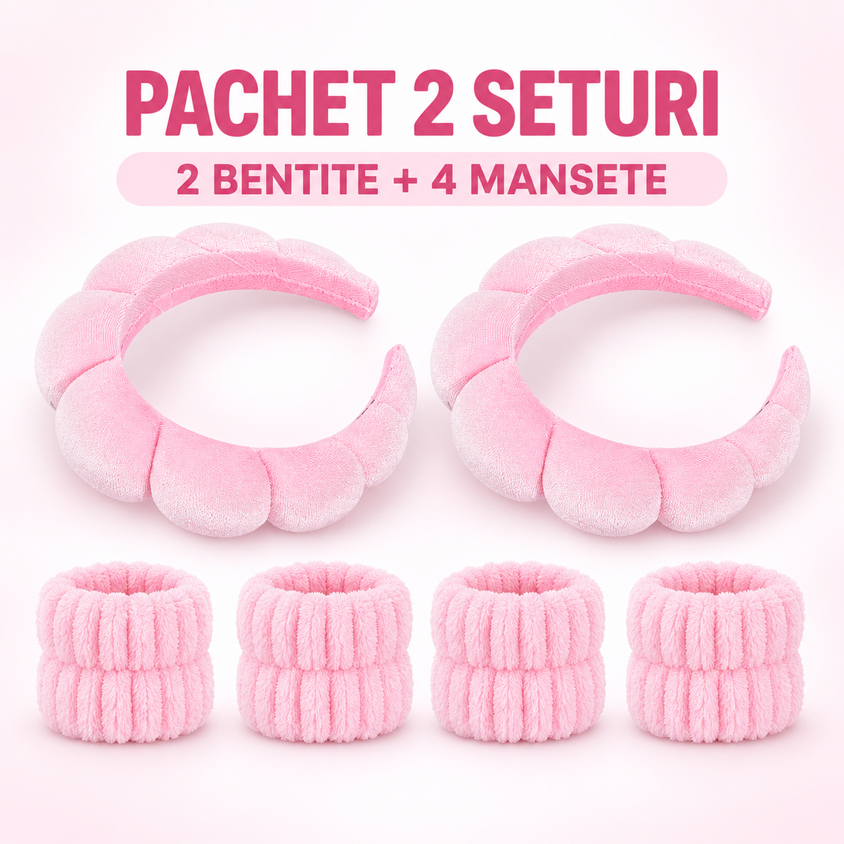 Pachet 2 Seturi SPA – 2 Bentițe Buretate și 4 Manșete Catifelate pentru Îngrijirea Feței, Roz