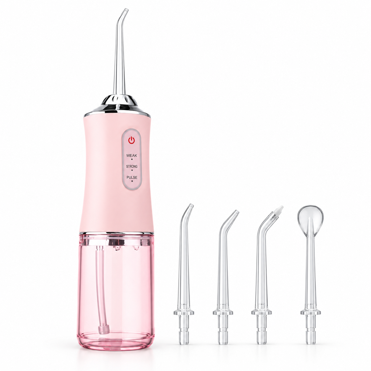Irigator Bucal Portabil cu 3 Moduri și 4 Capete – Rezervor 220 ml, IPX7, USB-C, Alb/Roz