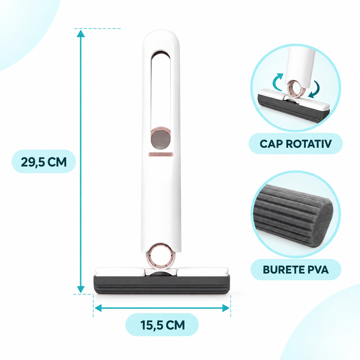 Mini mop portabil pentru geamuri și suprafețe, burete PVA, cap rotativ și sistem de autostoarcere