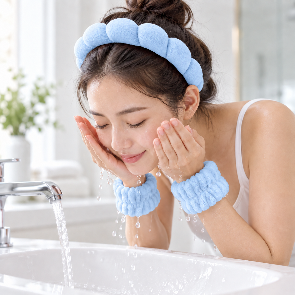 Set Skincare cu Bentiță Buretată și 2 Brățări Absorbante pentru Spălarea Feței