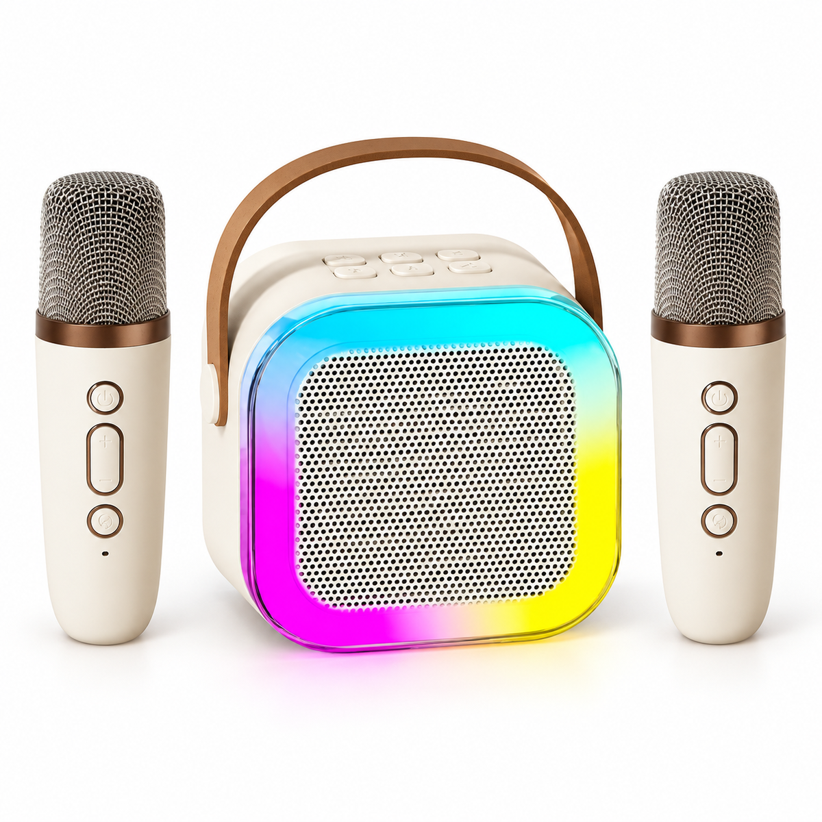Boxă Portabilă Karaoke cu 2 Microfoane Wireless, Bluetooth și Lumini LED Multicolore
