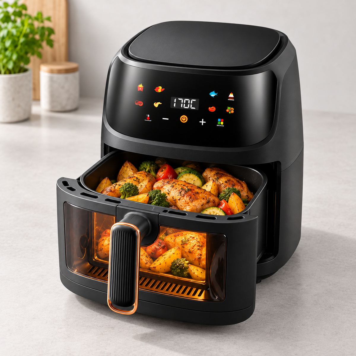 Friteuză cu aer cald 8L, 3500W, Display Touch și fereastră de vizualizare – gătit rapid, sănătos și eficient