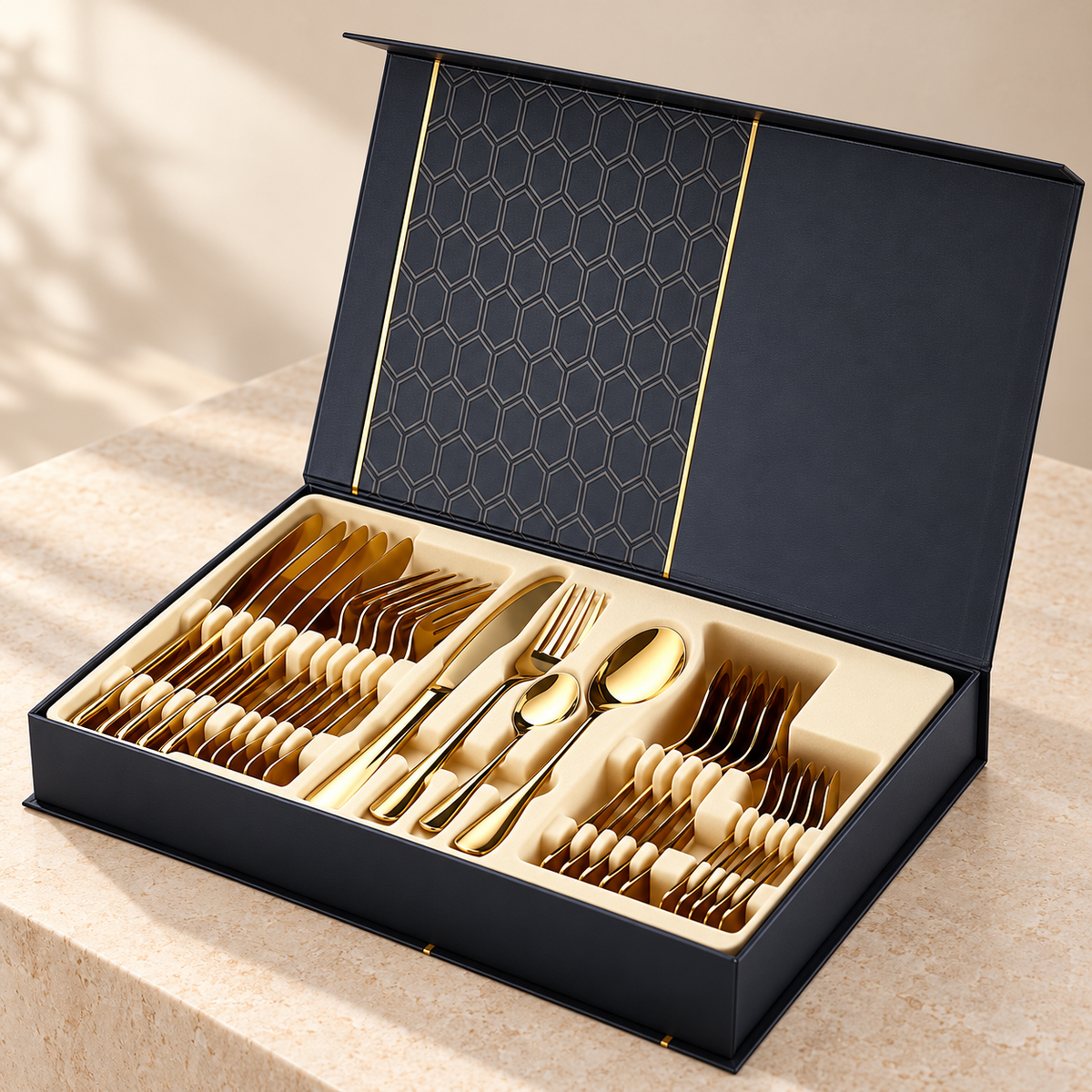 Set tacâmuri aurii 24 piese din oțel inoxidabil, stil portughez, auriu – 6 persoane