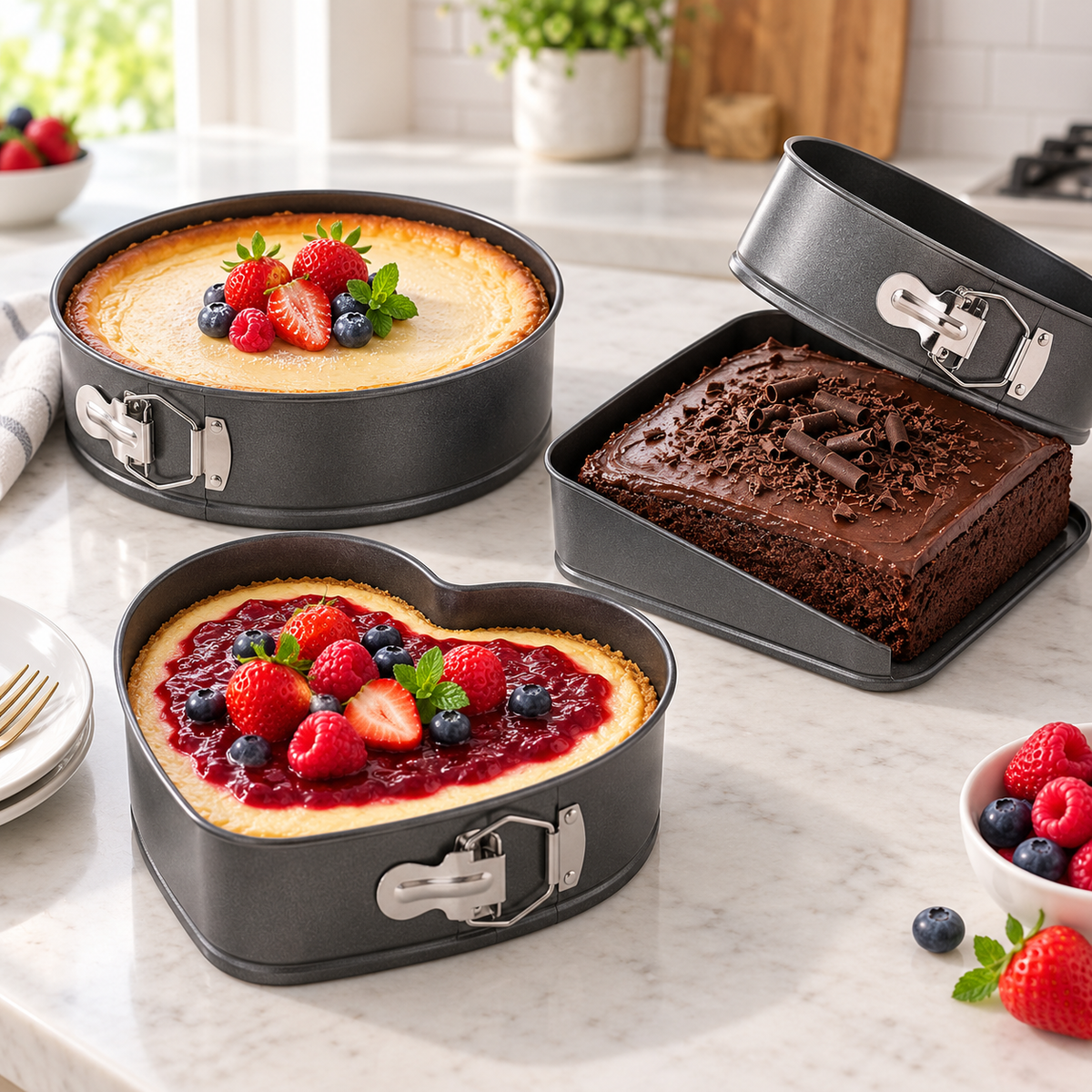 Set 3 Tăvi pentru Tort și Prăjituri cu Bază Detașabilă – Inimă, Rotundă și Pătrată