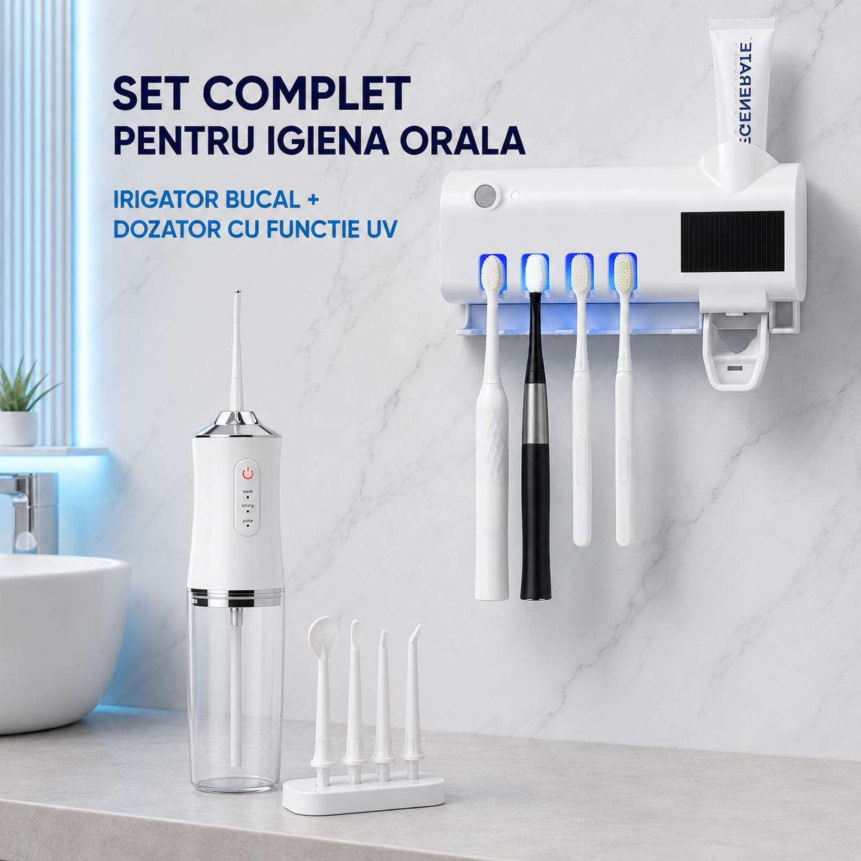 Set Igiena orala: Irigator Bucal Portabil cu 4 Capete și Dozator Pastă de Dinți cu Suport Antibacterian 4 Periuțe și Lumină UV
