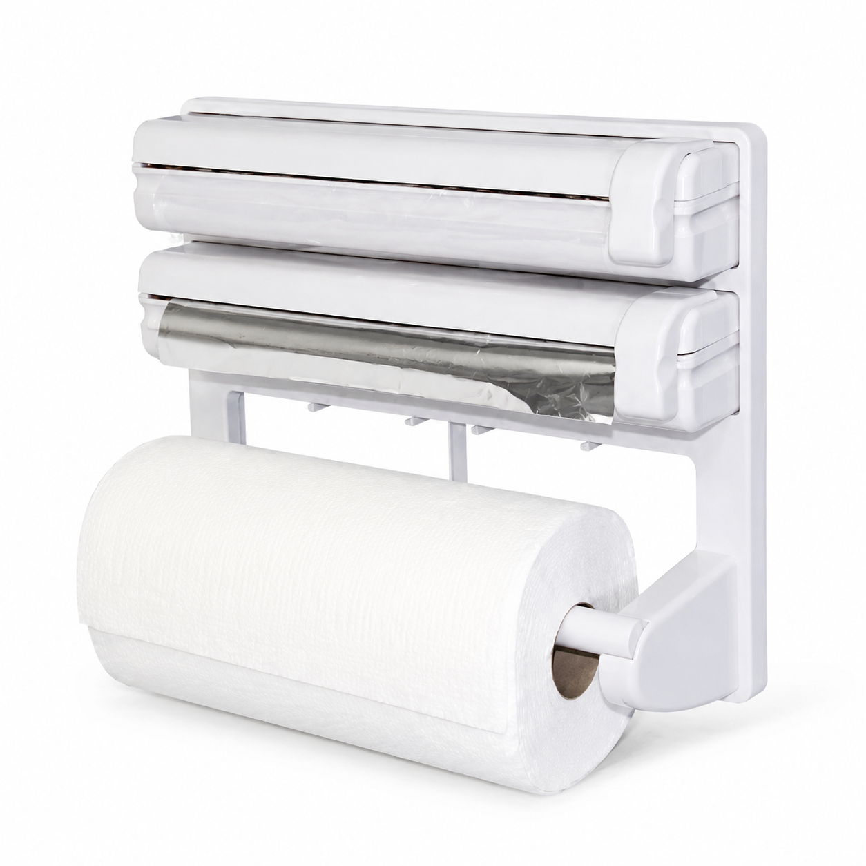 Dispenser Triplu de Bucătărie 3 în 1 pentru Hârtie, Folie Alimentară și Folie de Aluminiu, Montare pe Perete, Alb
