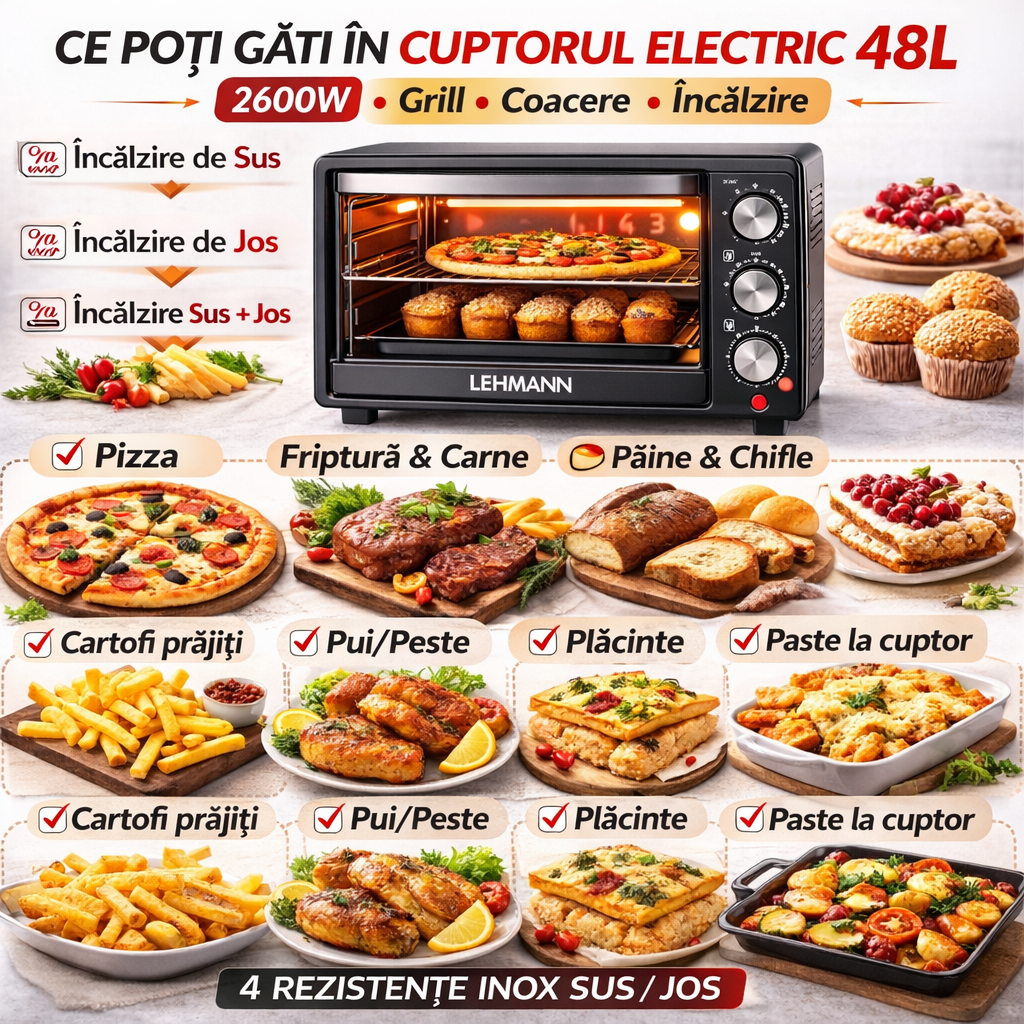 Cuptor Electric 48L, 2600W, Grill, Temperatură 250°C, 4 Elemente Inox, Timer cu Oprire Automată