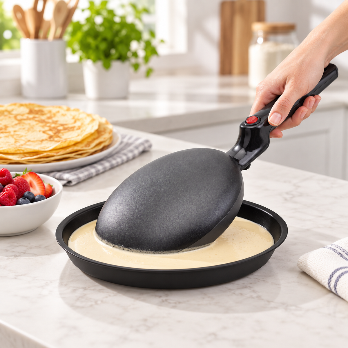 Tigaie Electrică Antiaderentă pentru Clătite, 600–700W – Mâner Ergonomic și Coacere Uniformă