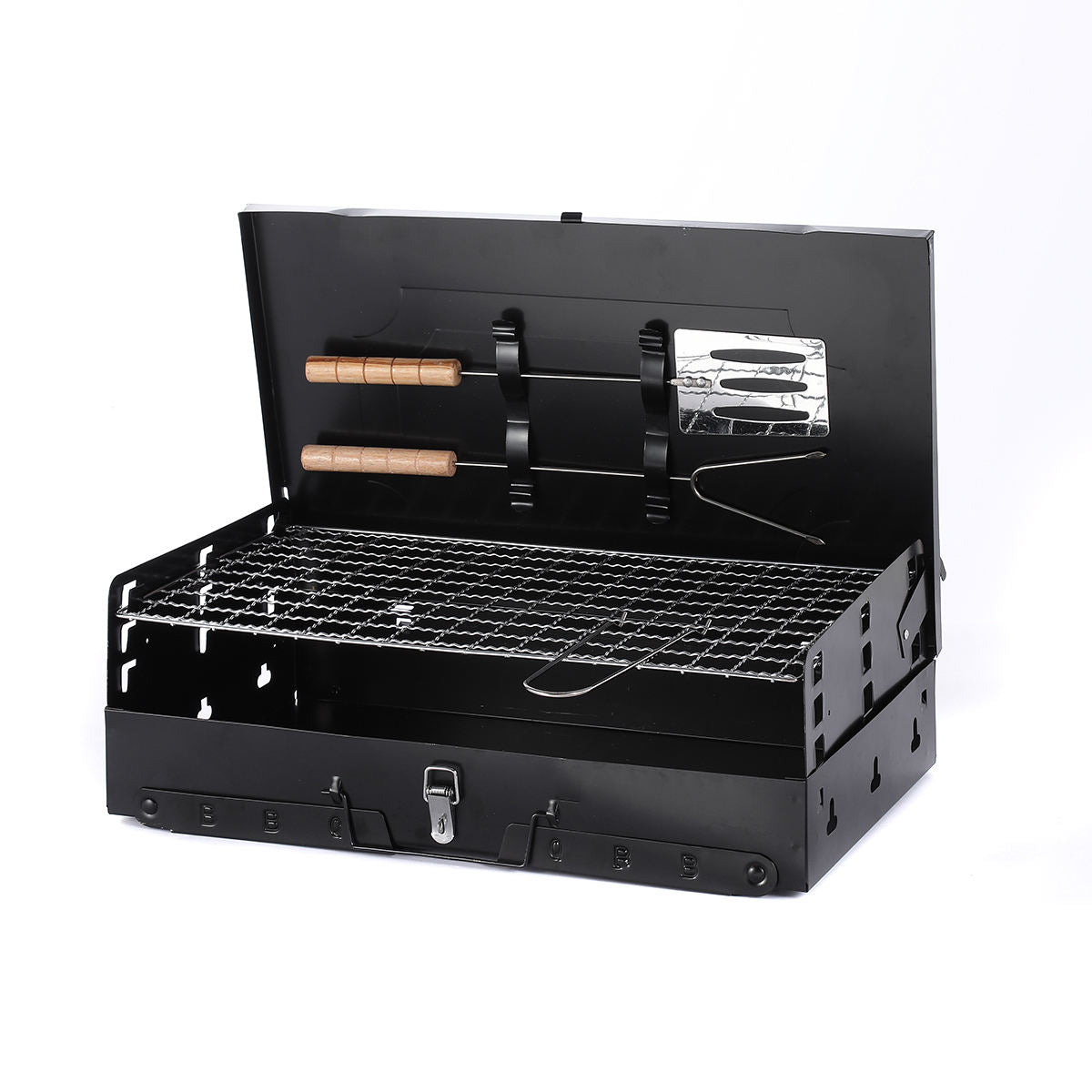 Grătar de grădină portabil pliabil cu accesorii – design compact 44 × 27 × 22 cm