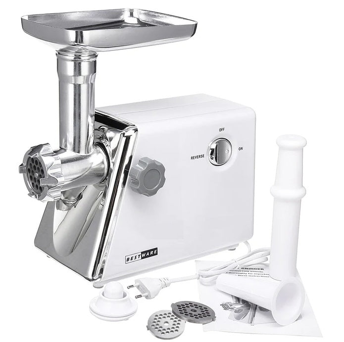 Mașină Electrică de Tocat Carne 2200W cu 3 Site din Oțel Inox, Funcție Invers, Accesorii Incluse – Alb