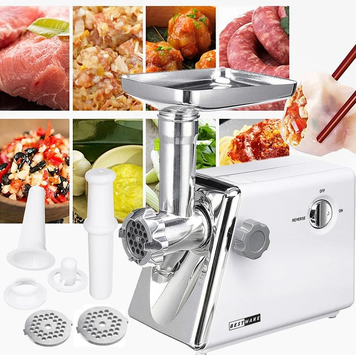 Mașină Electrică de Tocat Carne 2200W cu 3 Site din Oțel Inox, Funcție Invers, Accesorii Incluse – Alb