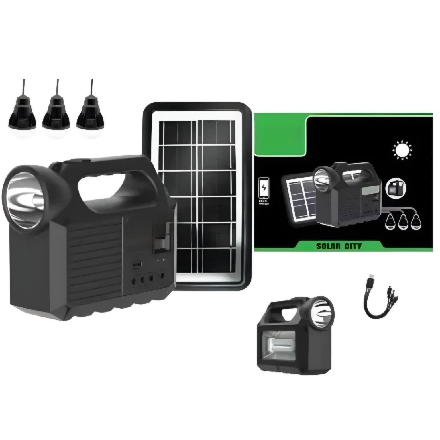 Kit lanternă portabilă cu 3 becuri și panou solar