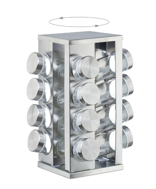 Set 16 recipiente din sticlă pentru condimente cu suport rotativ din inox – 19×28 cm