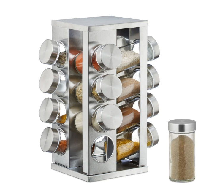 Set 16 recipiente din sticlă pentru condimente cu suport rotativ din inox – 19×28 cm