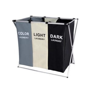 Coș de rufe cu 3 compartimente și cadru din aluminiu, 62 × 34 × 56 cm