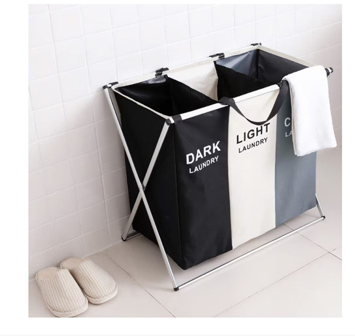 Coș de rufe cu 3 compartimente și cadru din aluminiu, 62 × 34 × 56 cm