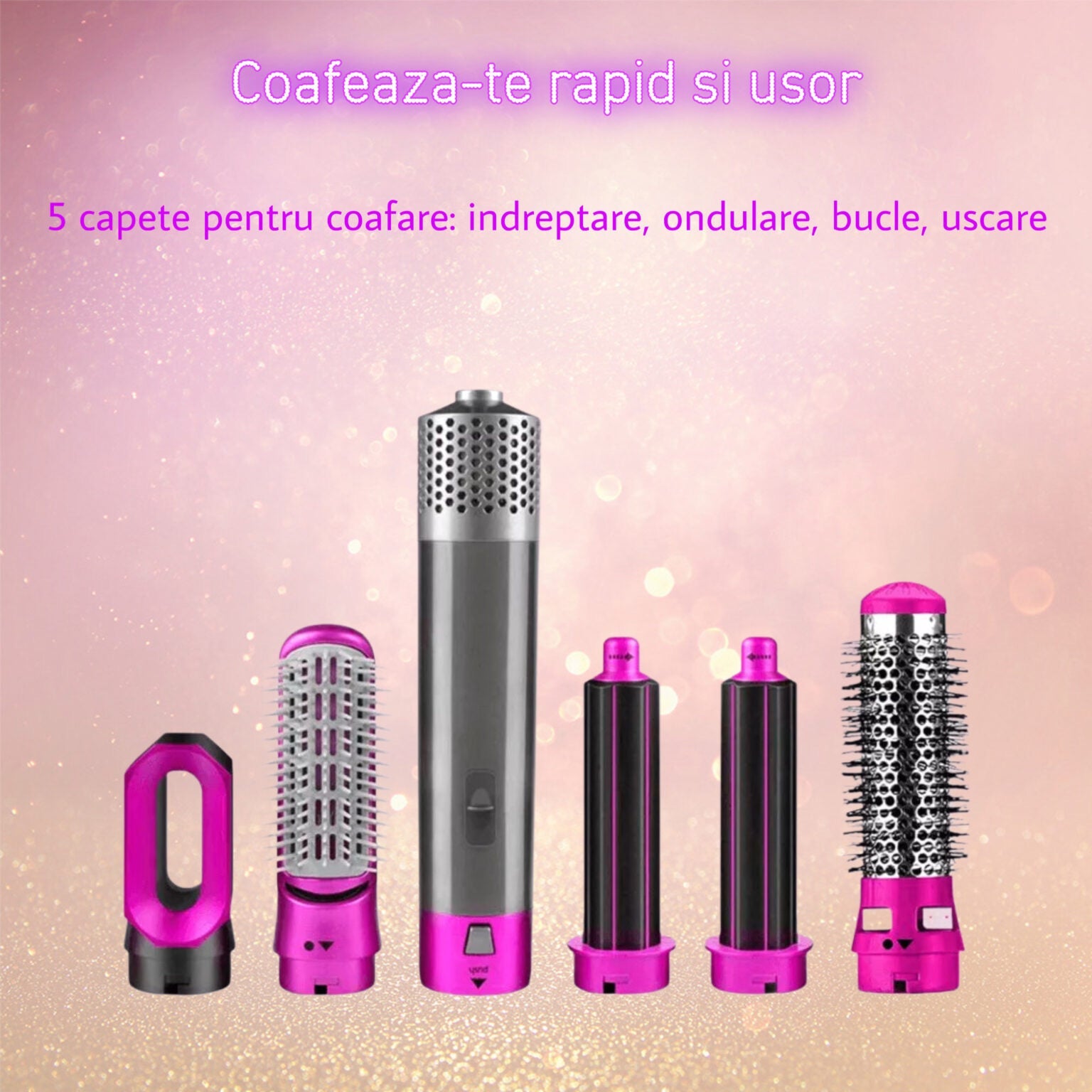 Uscător de păr multifuncțional 5 în 1 – usuca si coafeaza, 220V, roz/gri