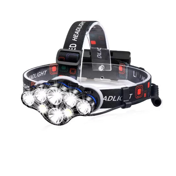 Lanternă frontală 13.000 lm cu 8 LED-uri și far roșu — iluminare completă
