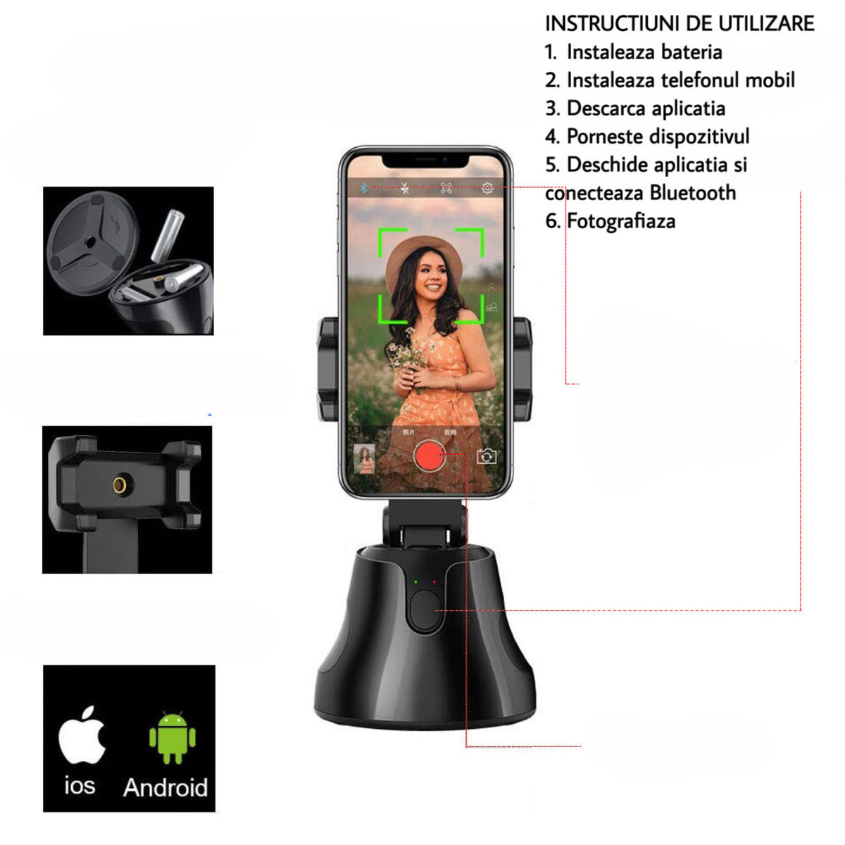Suport inteligent 360° pentru telefon cu urmărire facială automată – ideal pentru filmări, live și apeluri video