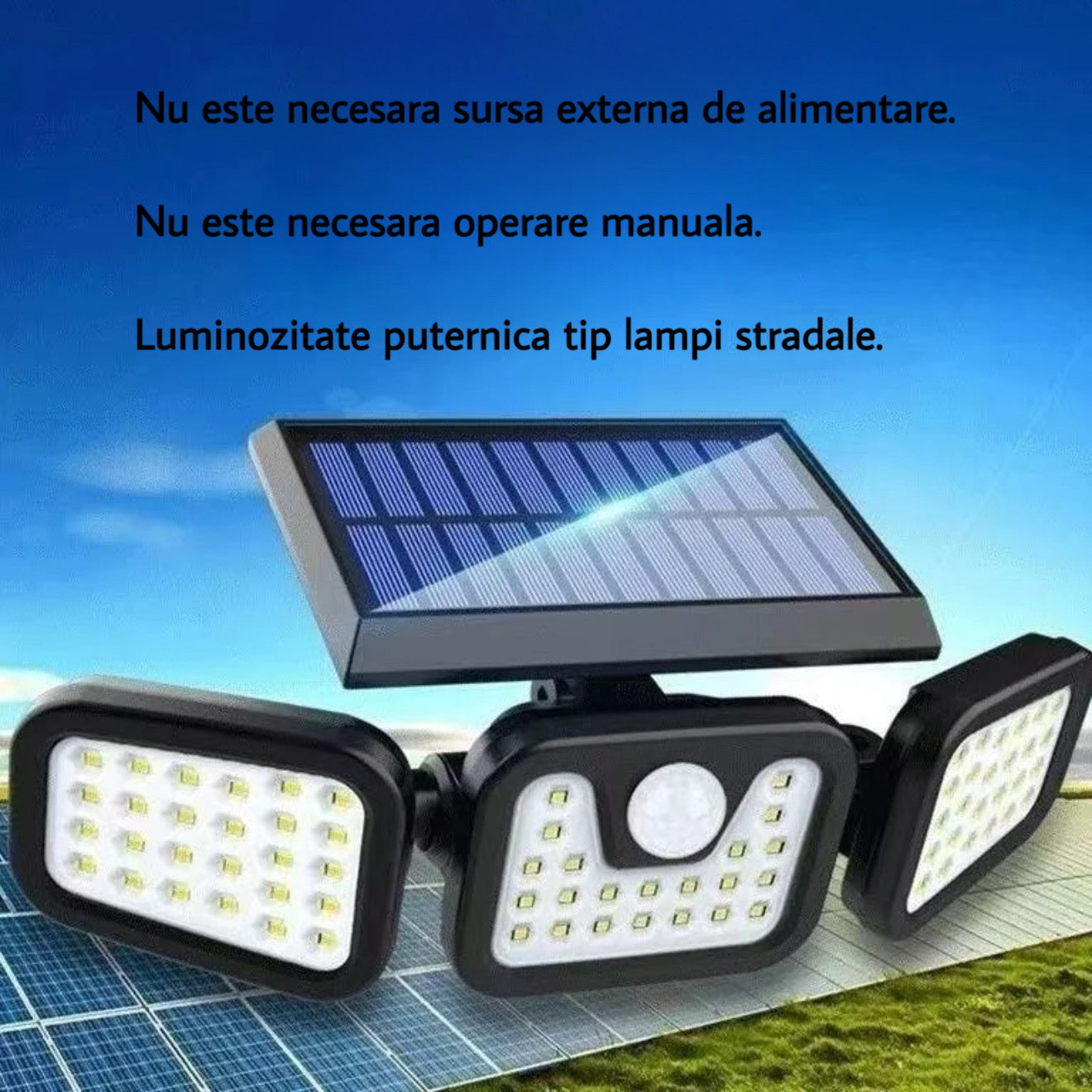 Lampă LED solară exterioară cu 3 spoturi reglabile – 74 LED