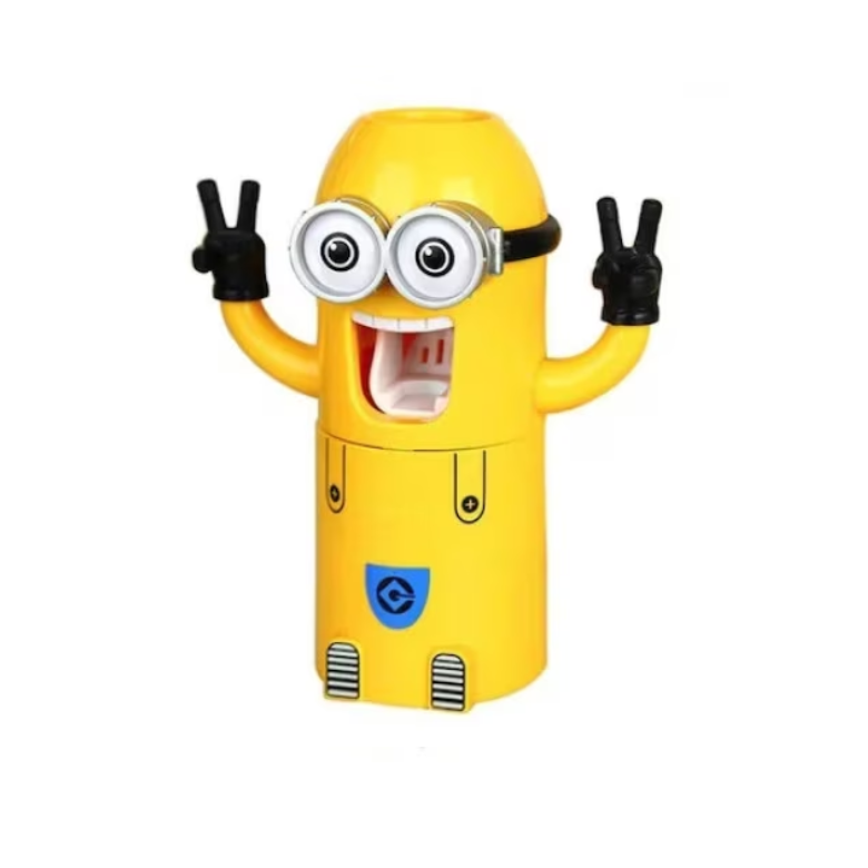 Dispenser automat pentru pastă de dinți cu suport pentru 2 periuțe, montaj pe perete, galben, 7,8 × 18,8 cm
