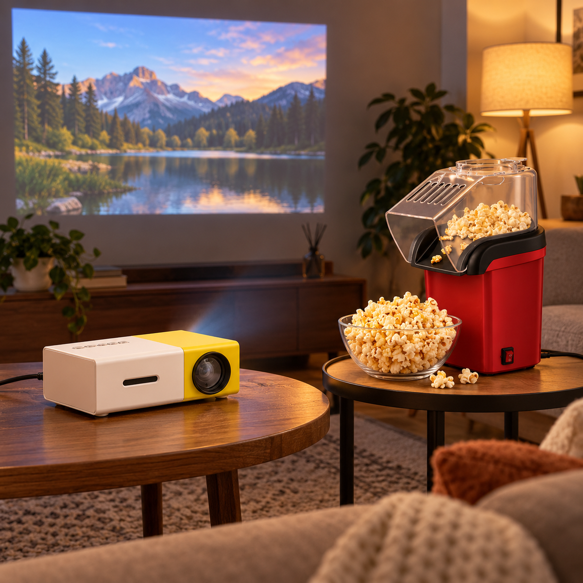 Pachet Seară de Film Acasă – Mini-proiector LED cu HDMI și USB + Aparat de Popcorn cu Aer Cald, Fără Ulei