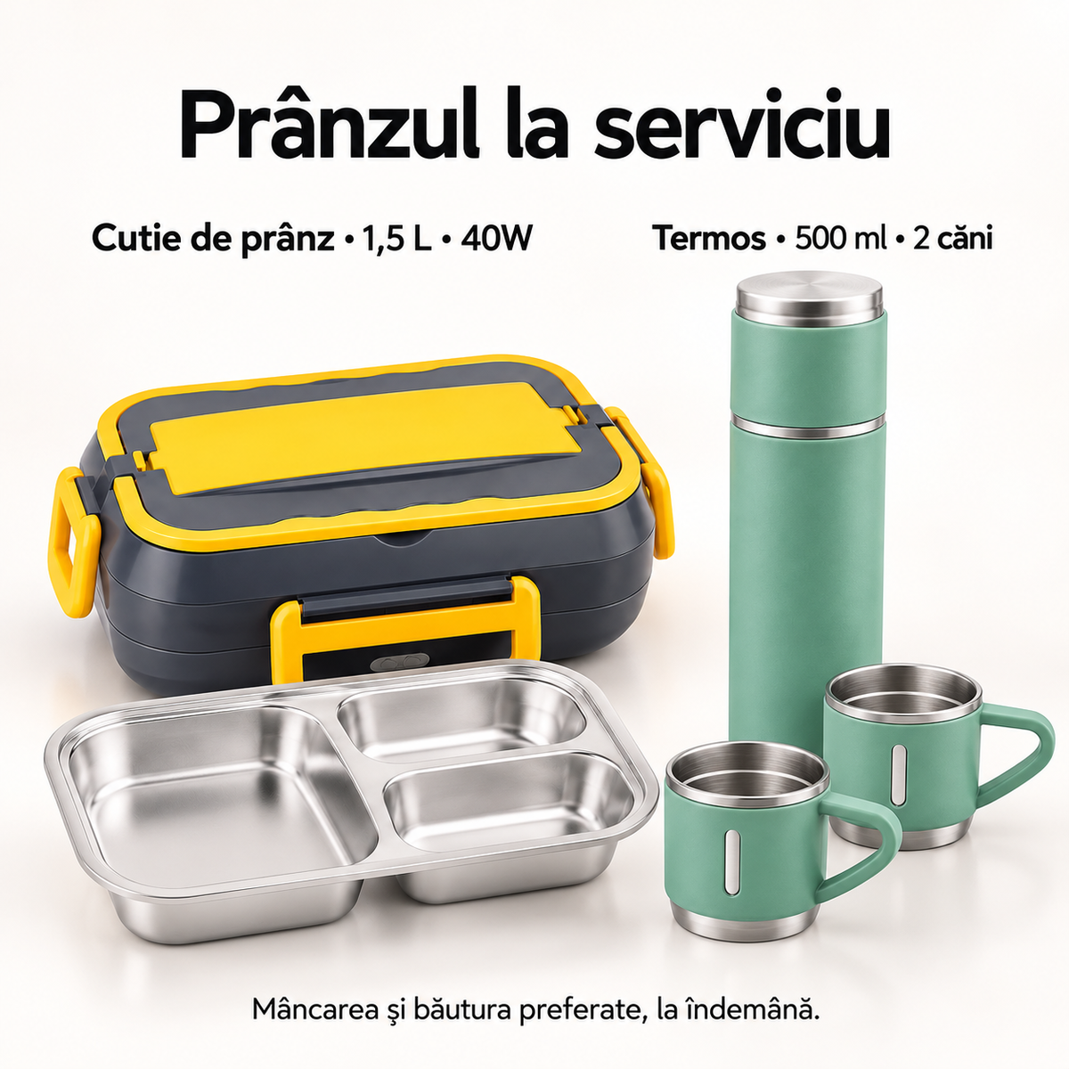 Pachet Prânzul la Serviciu – Cutie de Prânz Electrică 1,5 L, 40W + Termos Inox 500 ml cu 2 Căni
