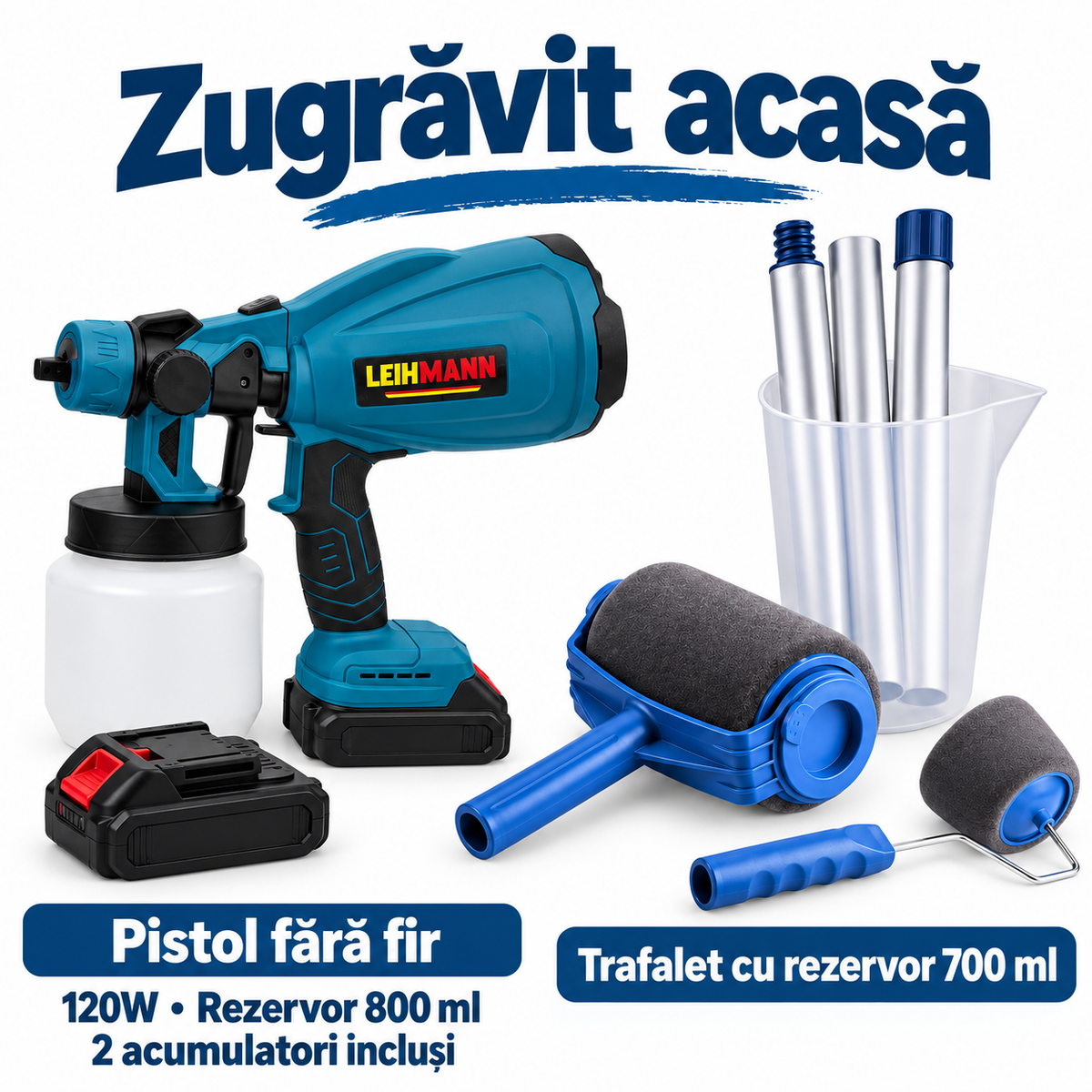 Pachet Zugrăvit acasă – Pistol de vopsit fără fir 120W, 800 ml, 2 acumulatori + trafalet cu rezervor 700 ml și braț extensibil