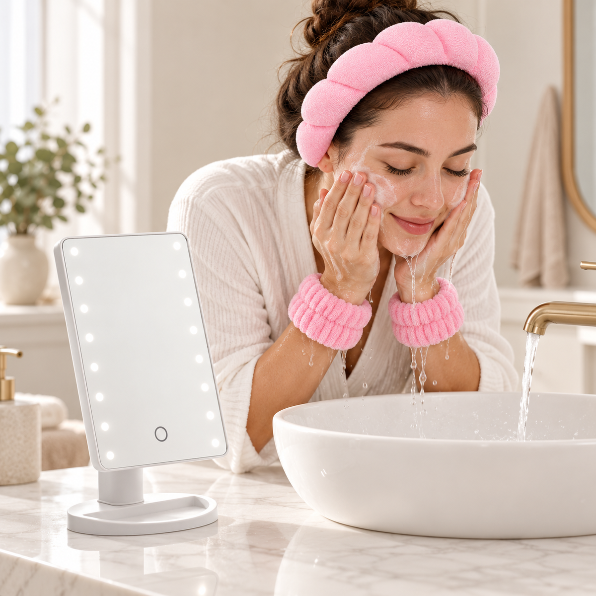 Pachet Rutina de Skincare – Set SPA Roz cu Bentiță și 2 Manșete Absorbante + Oglindă Dreptunghiulară cu LED și Control Tactil