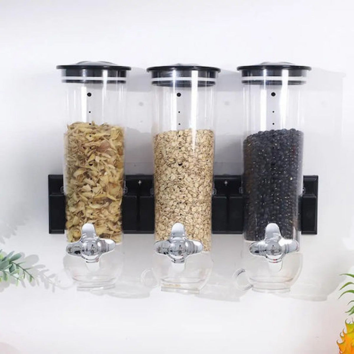Distribuitor triplu de cereale cu montare pe perete – organizare, prospețime și design modern