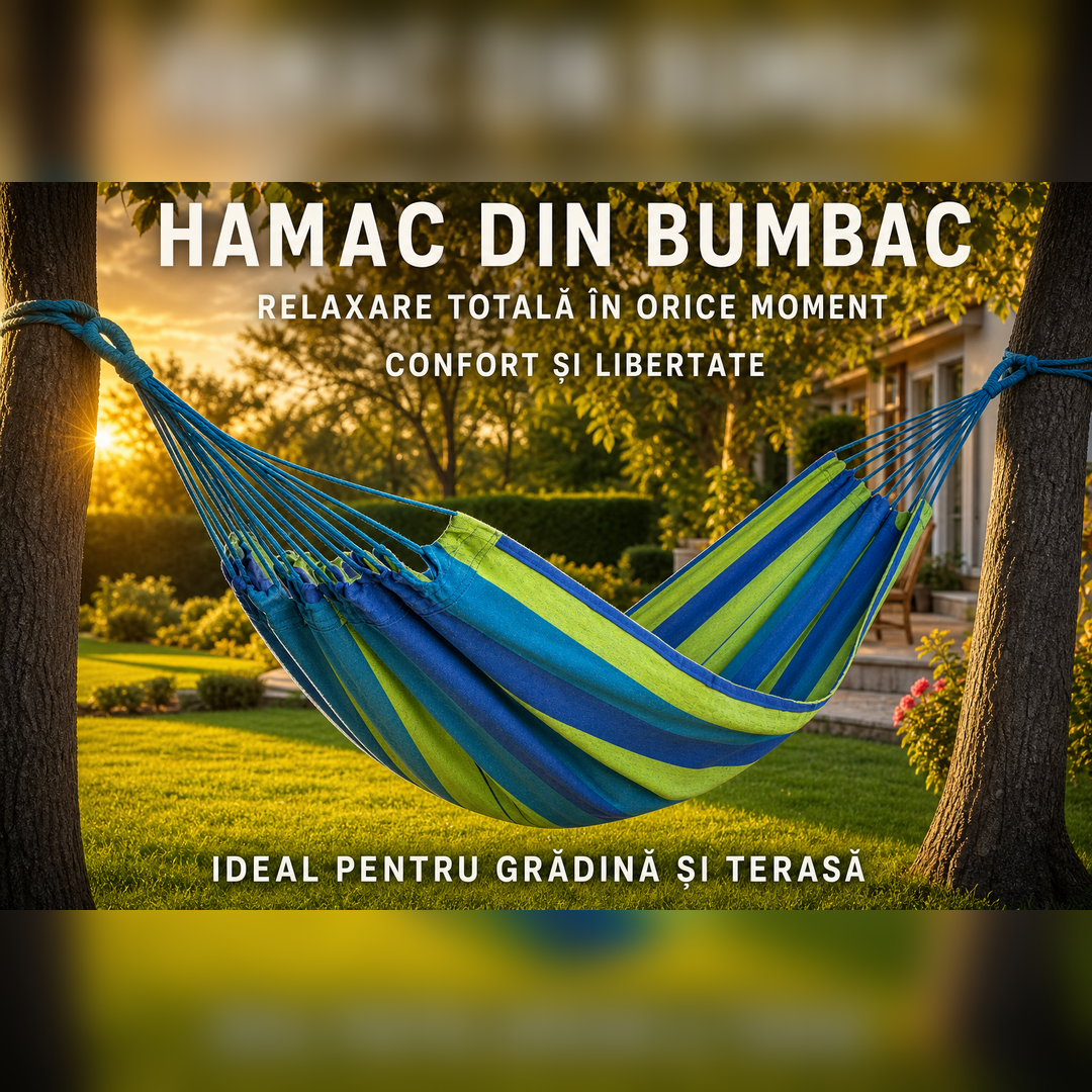 Hamac din Bumbac 190 x 150 cm, Capacitate 150 kg, pentru Gradina, Terasa si Camping