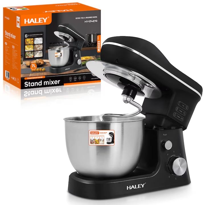 Mixer cu Bol HALEY HY-2409, 1200W, Bol Inox 7 L, 6 Viteze + Funcție Pulse, Negru/Inox