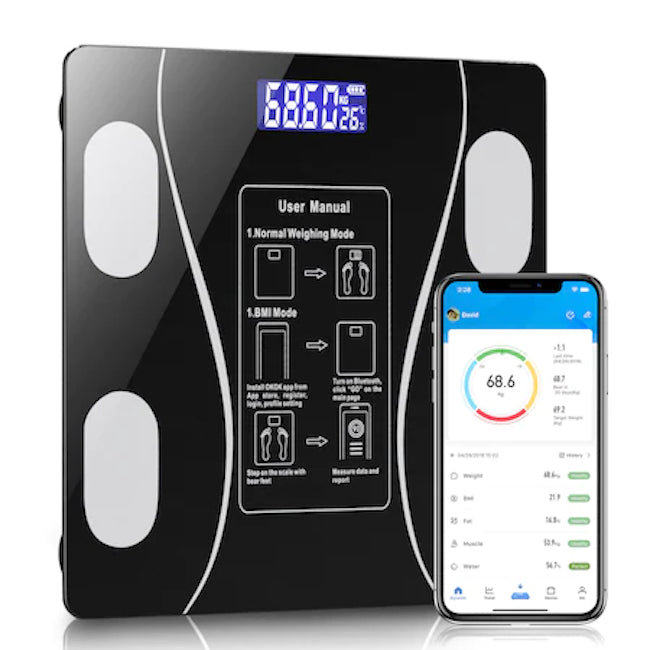 Cantar inteligent de diagnostic corporal, conexiune bluetooth la app pentru fitness, detectarea temperaturii, sticla securizata, neagra