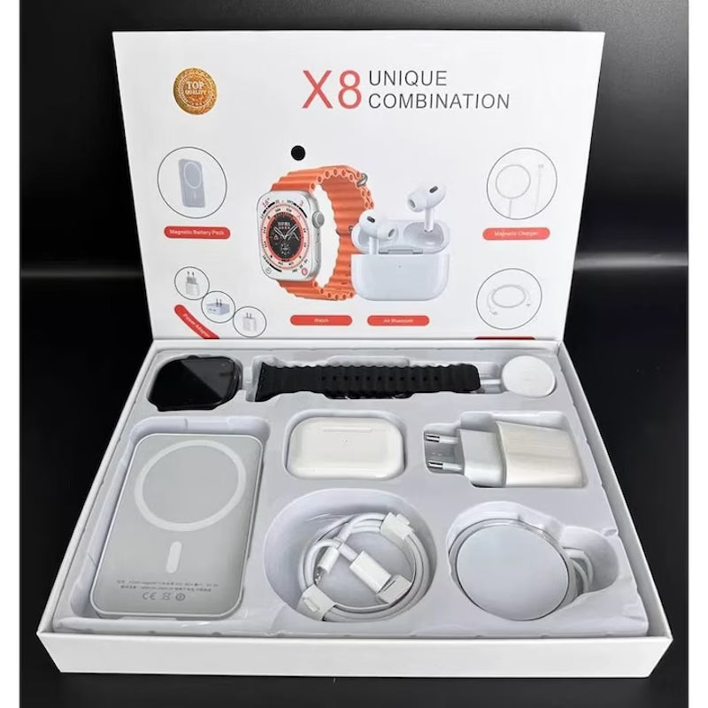 Smartwatch X8 de 2", casti in-ear wireless, incarcator, cabluri, baterie externa, 8 in 1, negru