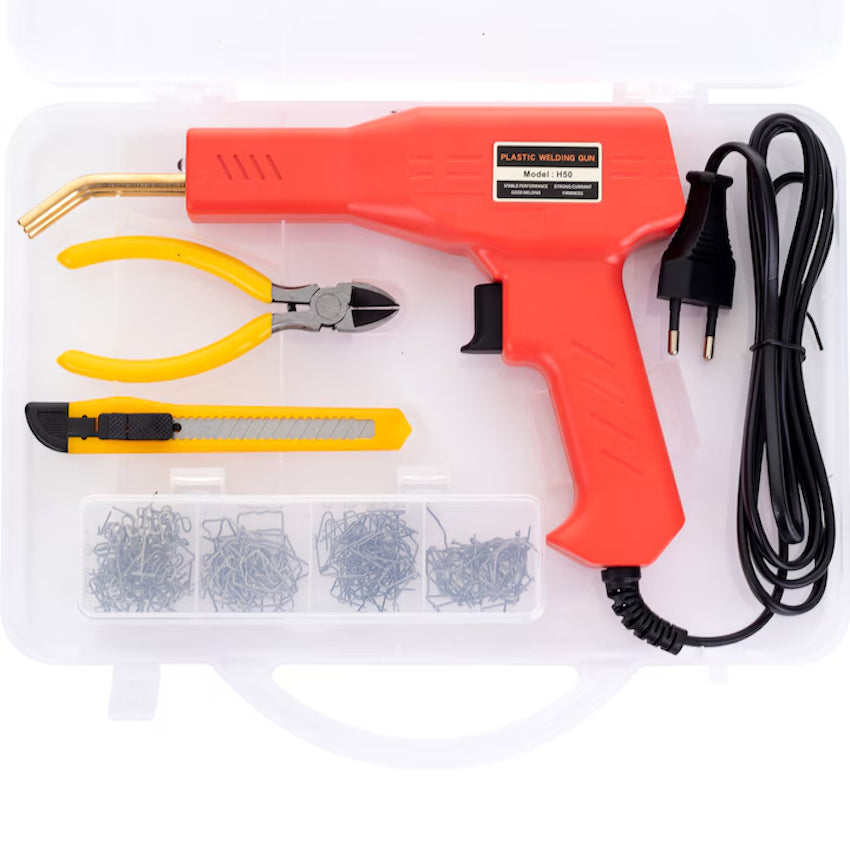 Set Pistol Profesional pentru Sudat Plastic, 50W, Încălzire Rapidă, 200 Capse, Clește, Cutter și Geantă