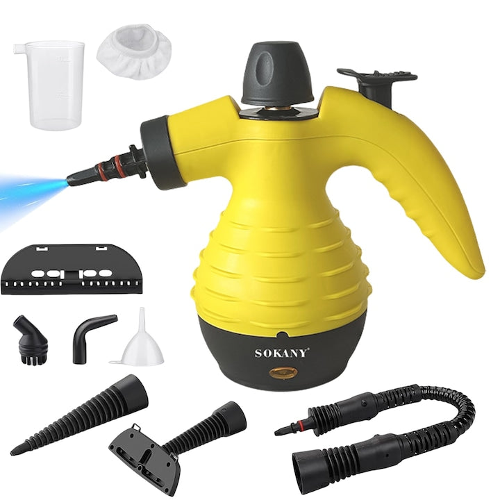 Aparat de Curățat cu Abur Multifuncțional 6 în 1 SOKANY SK-13061, 1000W – Putere Industrială, Accesorii Complete, Galben-Negru