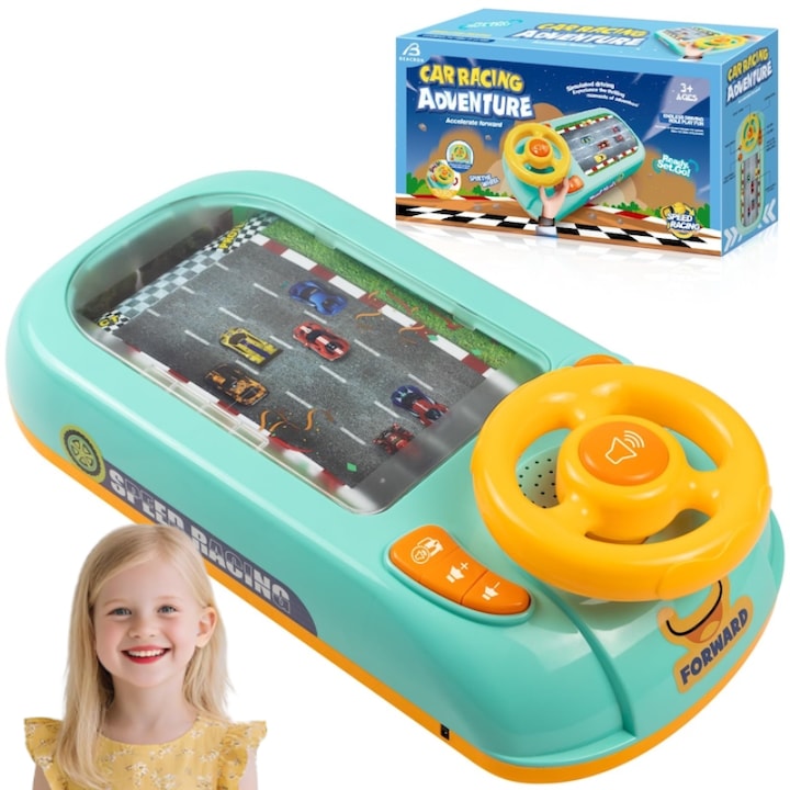 Joc Simulator de Condus pentru Copii Volan Interactiv cu Sunete si Muzica, Efecte Realiste, Claxon si Lumina LED, Culoare Verde, 43x22x13 cm, Jucarie Educativa pentru Copii 3+ Ani, Simulare Condus Realista