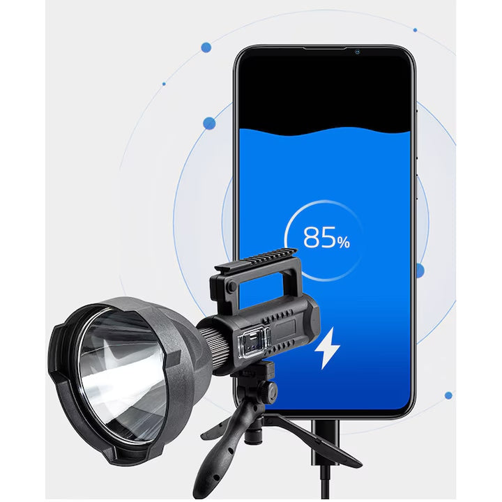 Lanternă LED portabilă cu acumulator + powerbank, 4 moduri, suport trepied