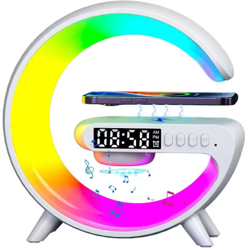 Boxa multifunctionala 4 in 1 lumina led RGB, ceas digital, incarcator wireless, lampa de veghe, radio, conectivitate Bluetooth si port USB