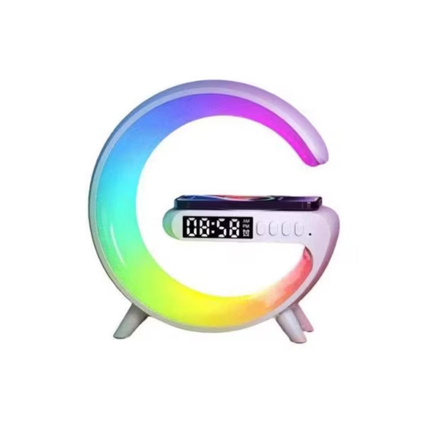 Boxa multifunctionala 4 in 1 lumina led RGB, ceas digital, incarcator wireless, lampa de veghe, radio, conectivitate Bluetooth si port USB