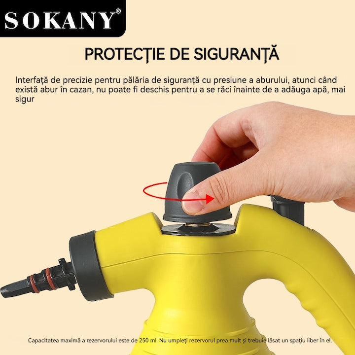 Aparat de Curățat cu Abur Multifuncțional 6 în 1 SOKANY SK-13061, 1000W – Putere Industrială, Accesorii Complete, Galben-Negru