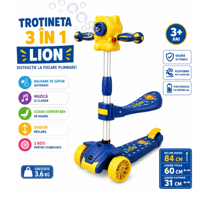 Trotineta 3 in 1 pentru Baieti, cu Scaun, Lumini LED, Muzica si Baloane de Sapun, Reglabila pe Inaltime