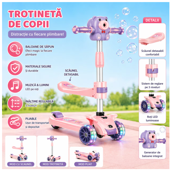Trotineta Pliabila pentru Copii, Cu Lumini, Muzica si Baloane de Sapun, Usor de Transportat si Folosit