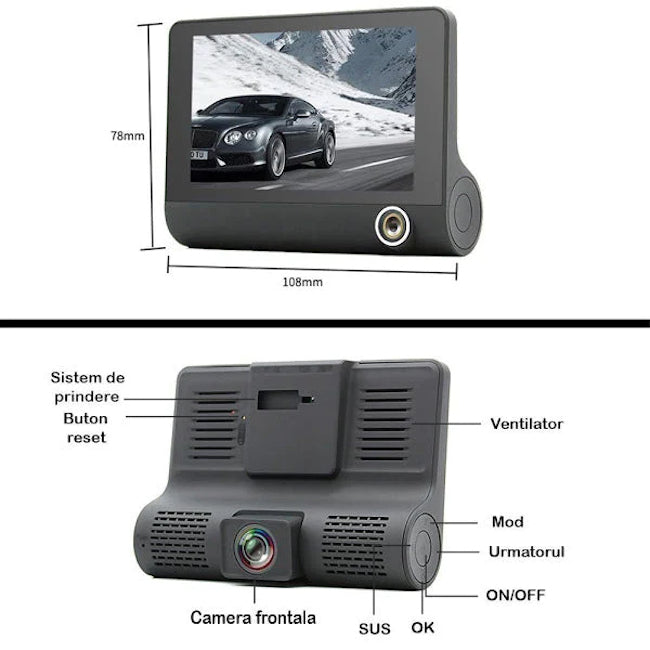 Camera auto tripla, Full-HD, 3 camere - Fata/Spate/Interior, ecran 4''