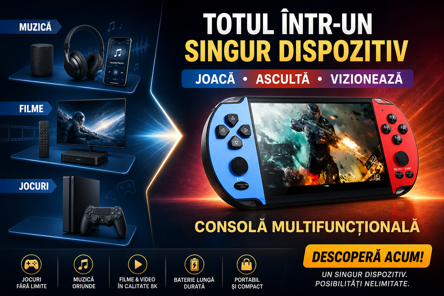 Consolă Portabilă Gaming și Multimedia, Ecran 4,3 Inch HD, 1000+ Jocuri